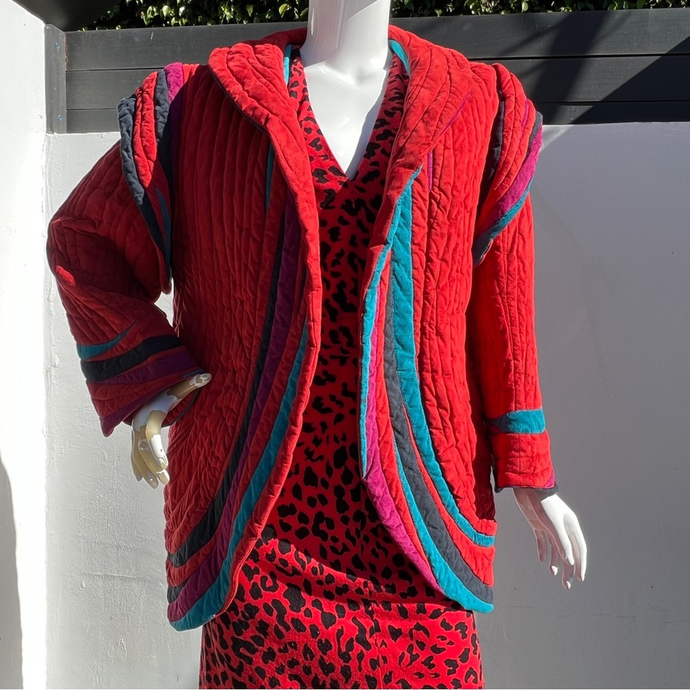 80s Bob Mackie Red Quilt Suede Jacket - Picture 1 of 14
